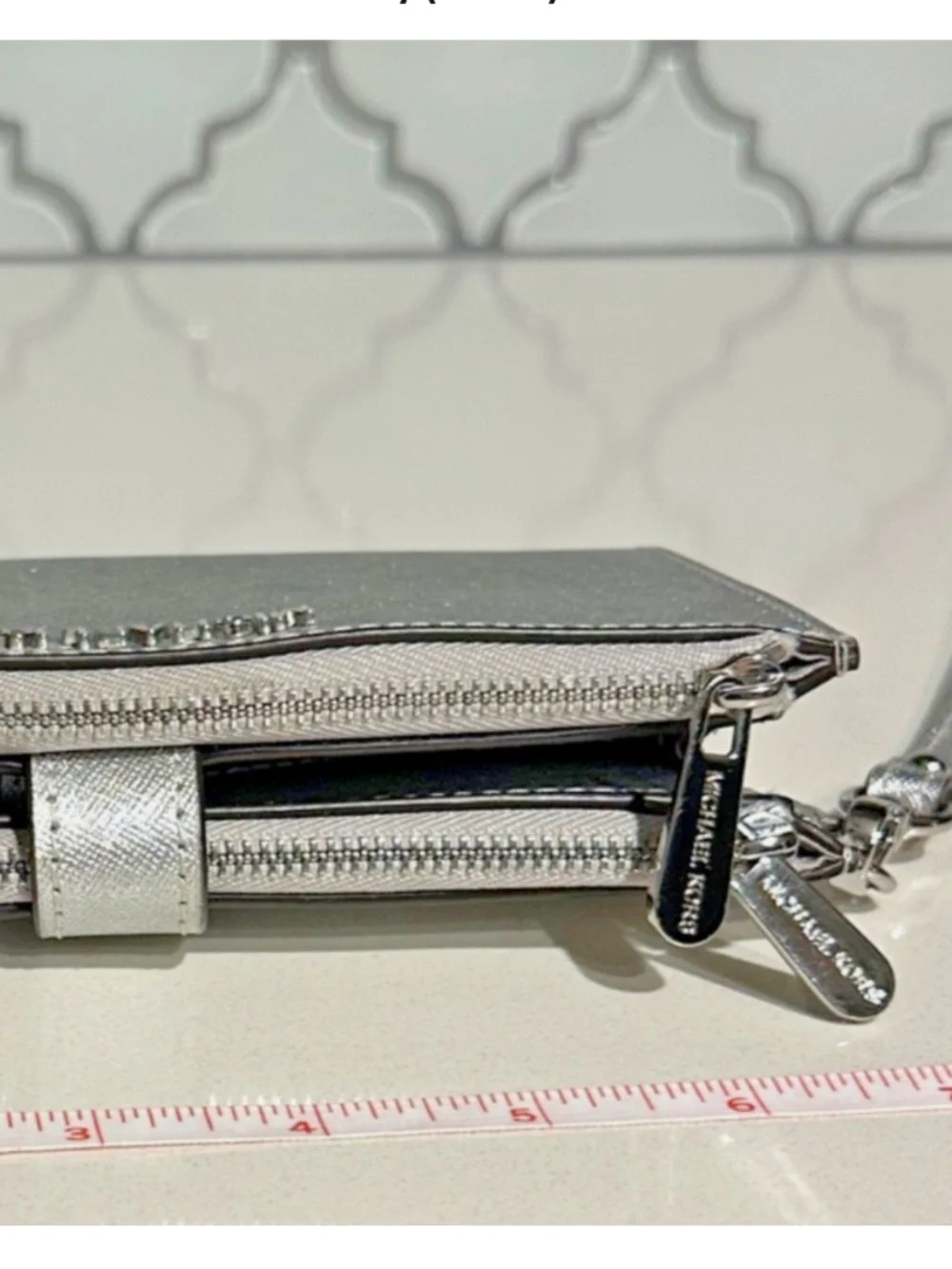 Michael Kors Jet Set Travel Double Zipper Leather Wristlet Wallet Clutch SILVER - Picture 10 of 13